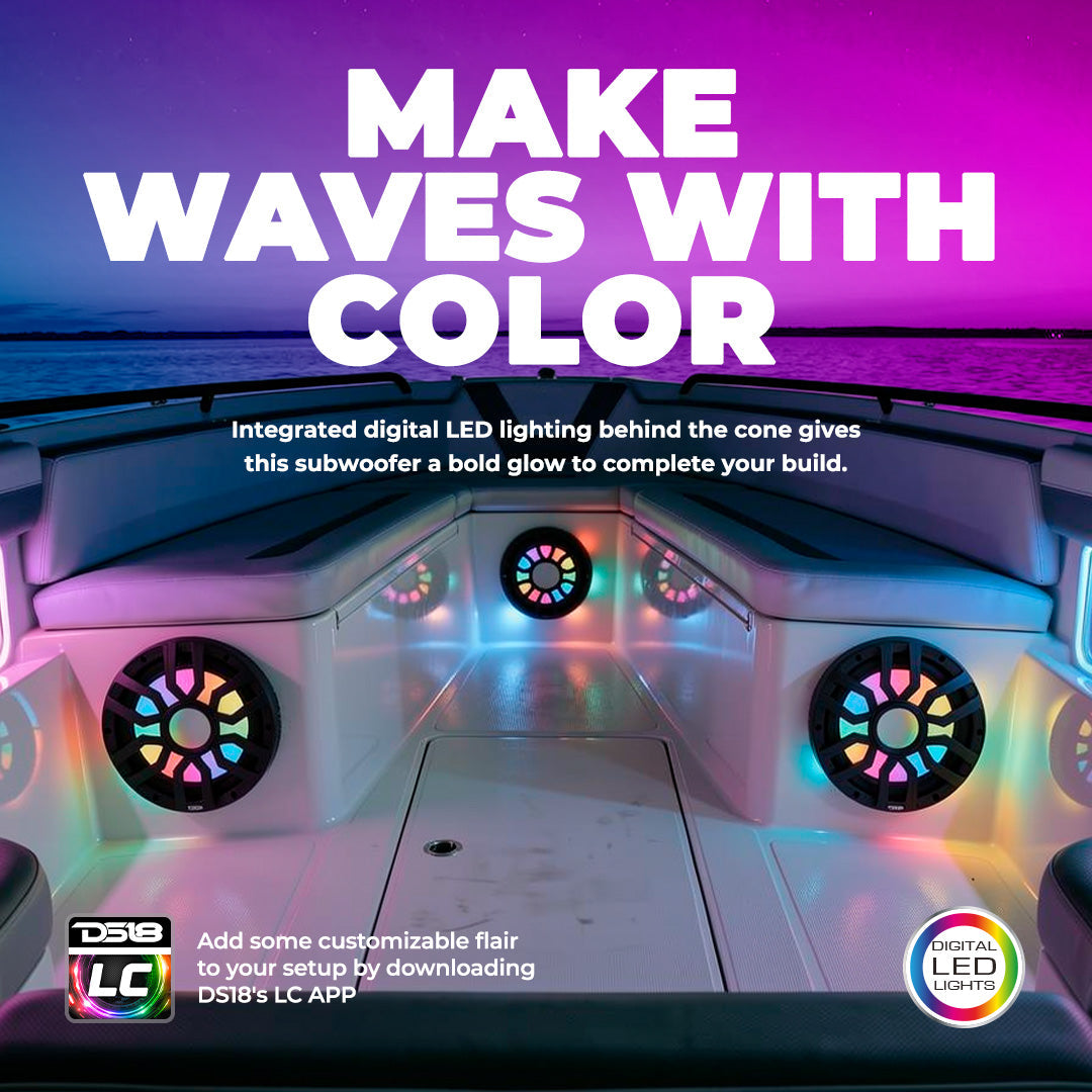 12” Marine Subwoofer with Hybrid Magnet Motor, Removable Grille and Digital LED Lights - 600W RMS 4-Ohm