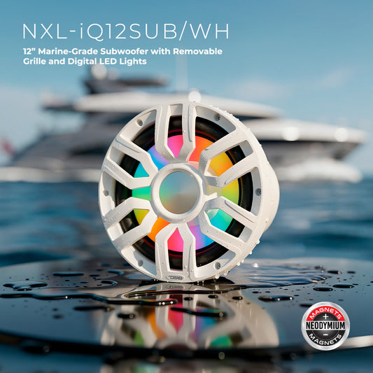 12” Marine Subwoofer with Hybrid Magnet Motor, Removable Grille and Digital LED Lights - 600W RMS 4-Ohm