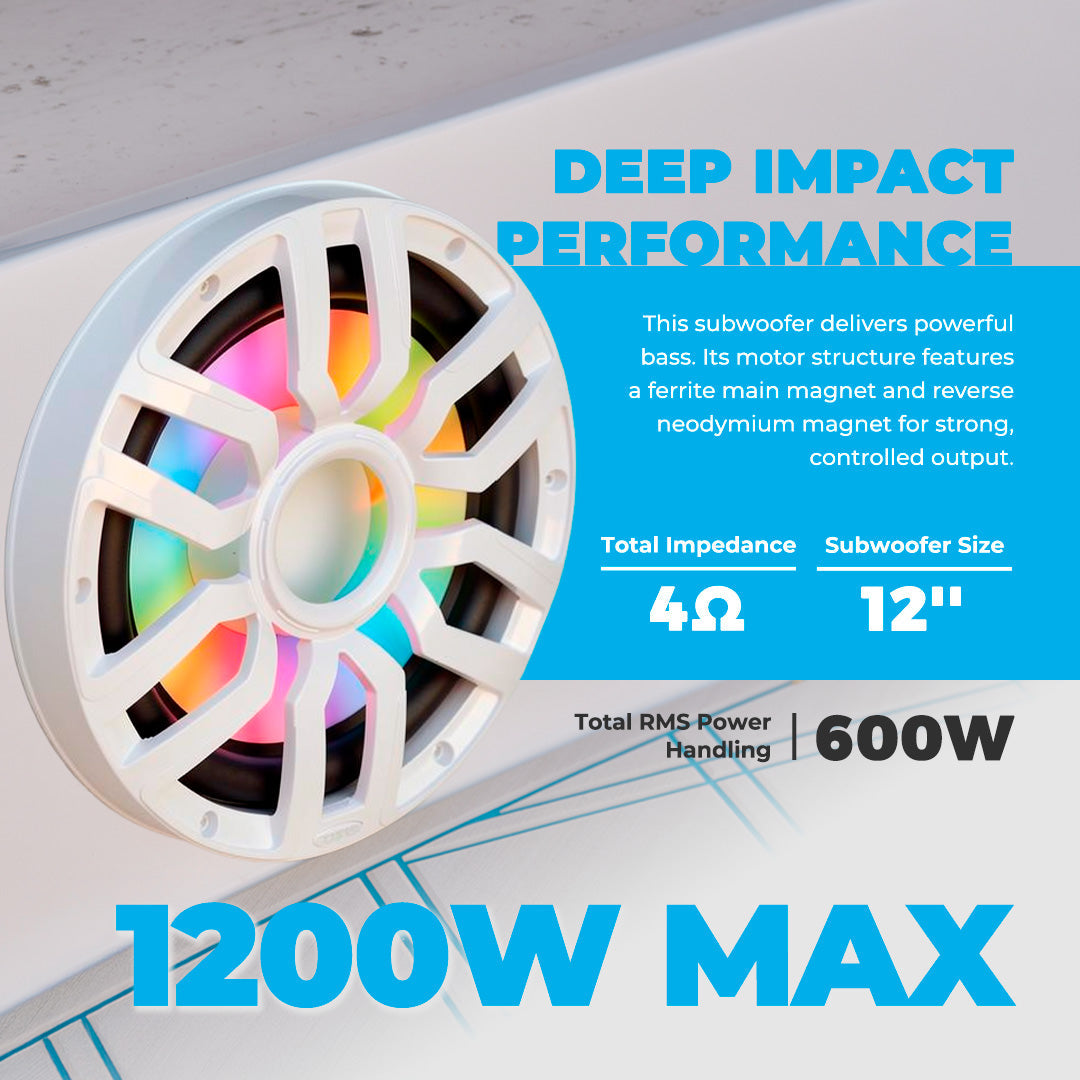 12” Marine Subwoofer with Hybrid Magnet Motor, Removable Grille and Digital LED Lights - 600W RMS 4-Ohm