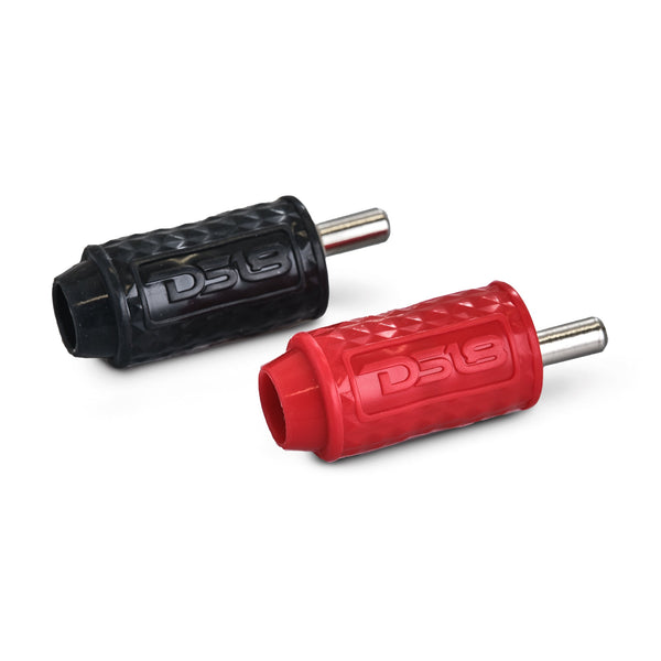 1/4-GA to 1/8-GA Amp Input Reducers with Offset Stub and Silicone Cover - BLACK/RED.
