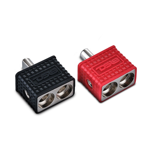 Dual 1/0-GA to 1/0-GA Amp Input Reducers with Offset Stub and Silicone Cover - BLACK/RED.