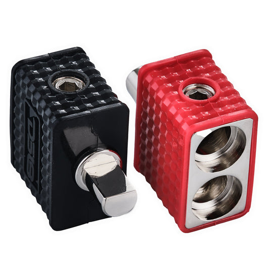 Dual 1/0-GA to 1/0-GA Amp Input Reducers with Offset Stub and Silicone Cover - BLACK/RED.