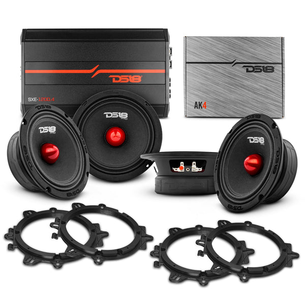Pro Audio Speaker Bundle: 6.5" Midrange Speakers with OEM Speaker Adapters, Amplifier, and Wiring Kit.