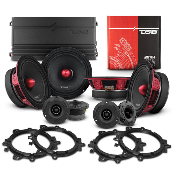 Pro Audio Speaker + Tweeter Bundle: 6.5" Midrange Speakers and 3.8" Bullet Tweeters with OEM Speaker Adapters, Amplifier, and Wiring Kit.