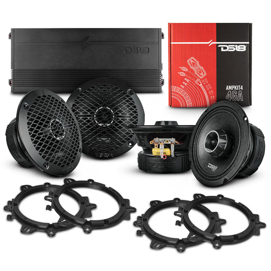 Pro Audio Speaker Bundle: 6.5" Midrange Coaxial Speakers with OEM Speaker Adapters, Amplifier, and Wiring Kit.
