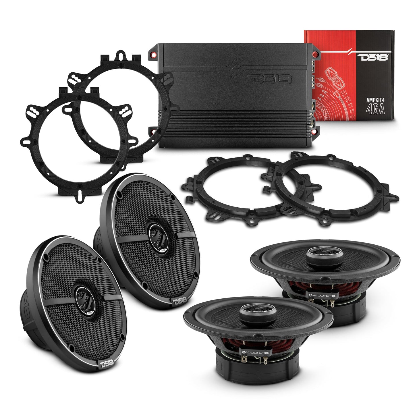 Car Audio Bundle: 6.5" Coaxial Speakers with OEM Speaker Adapters, Amplifier, and Installation Kit.
