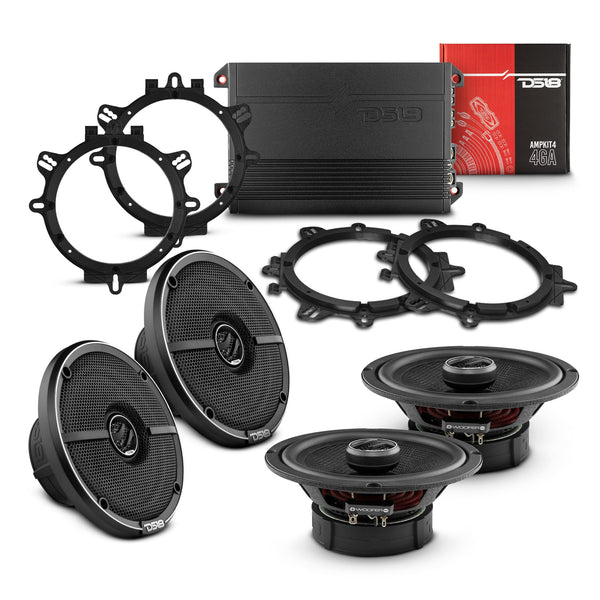 Car Audio Bundle: 6.5" Coaxial Speakers with OEM Speaker Adapters, Amplifier, and Installation Kit.