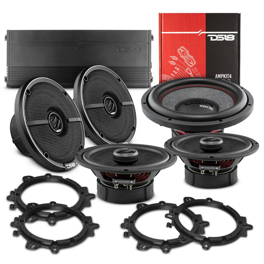 Car Audio + Bass Bundle: 6.5" Coaxial Speakers and 12" Subwoofer with Amplifier and Installation Kit.