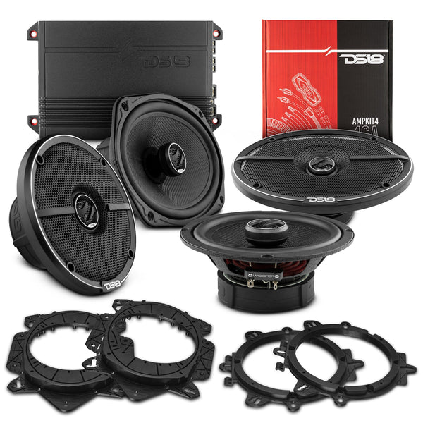 Car Audio Bundle: 6.5" & 6x9" Coaxial Speakers with OEM Speaker Adapters, Amplifier, and Installation Kit.