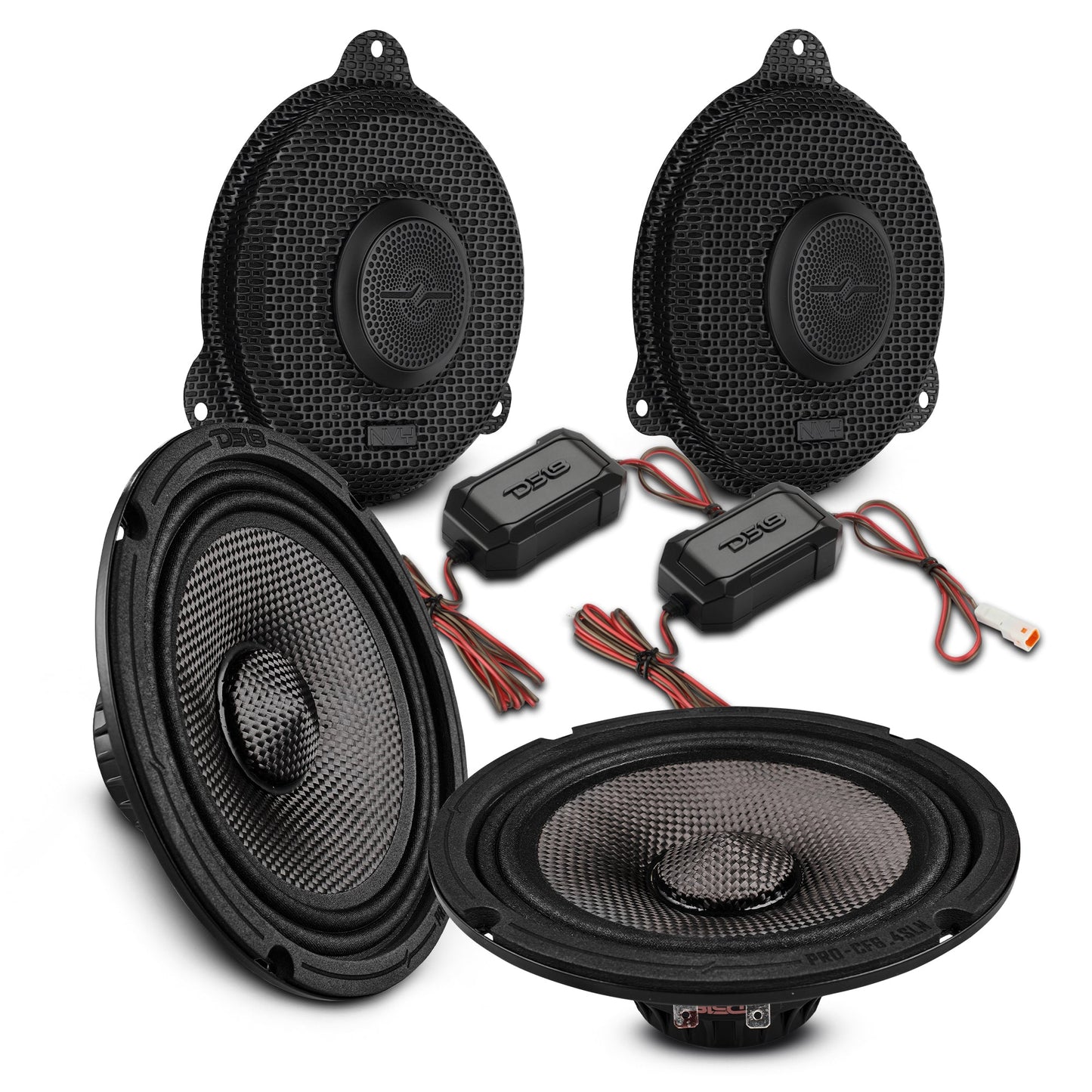 Harley-Davidson Street Glide 2014–2023 Front Stage Audio Upgrade Kit | 6.5" Slim Midrange Speakers + Bullet Tweeter NVY Grilles.