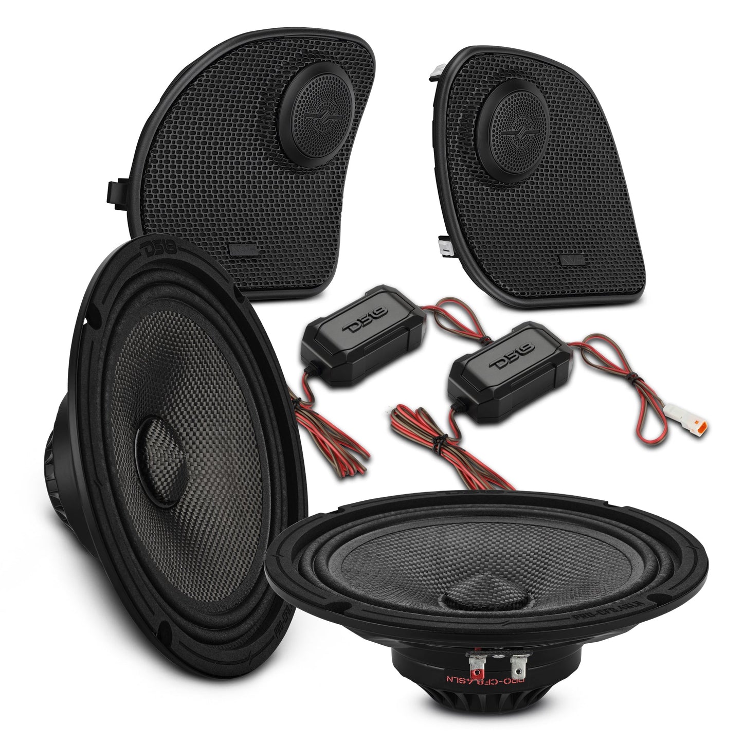 Harley-Davidson Road Glide 2014–2023 Front Stage Audio Upgrade Kit | 6.5" Slim Midrange Speakers + Bullet Tweeter NVY Grilles.