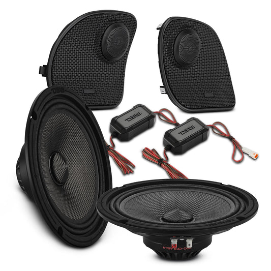 Harley-Davidson Road Glide 2014–2023 Front Stage Audio Upgrade Kit | 6.5" Slim Midrange Speakers + Bullet Tweeter NVY Grilles.
