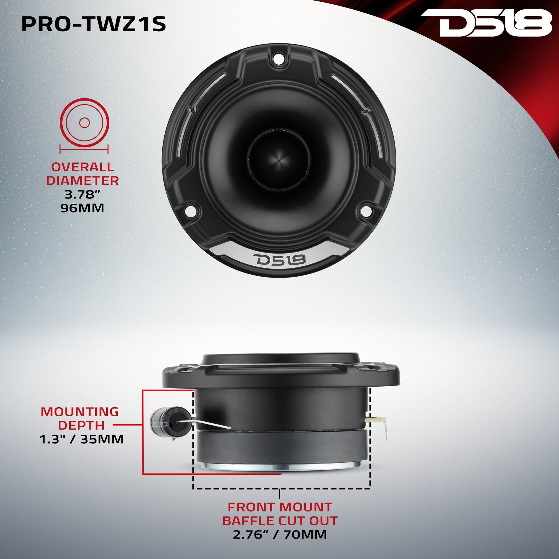 3.8" Shallow-Mount Super Bullet Compression Tweeter with 1" Aluminum Voice Coil | 100 Watts RMS 4-Ohm.