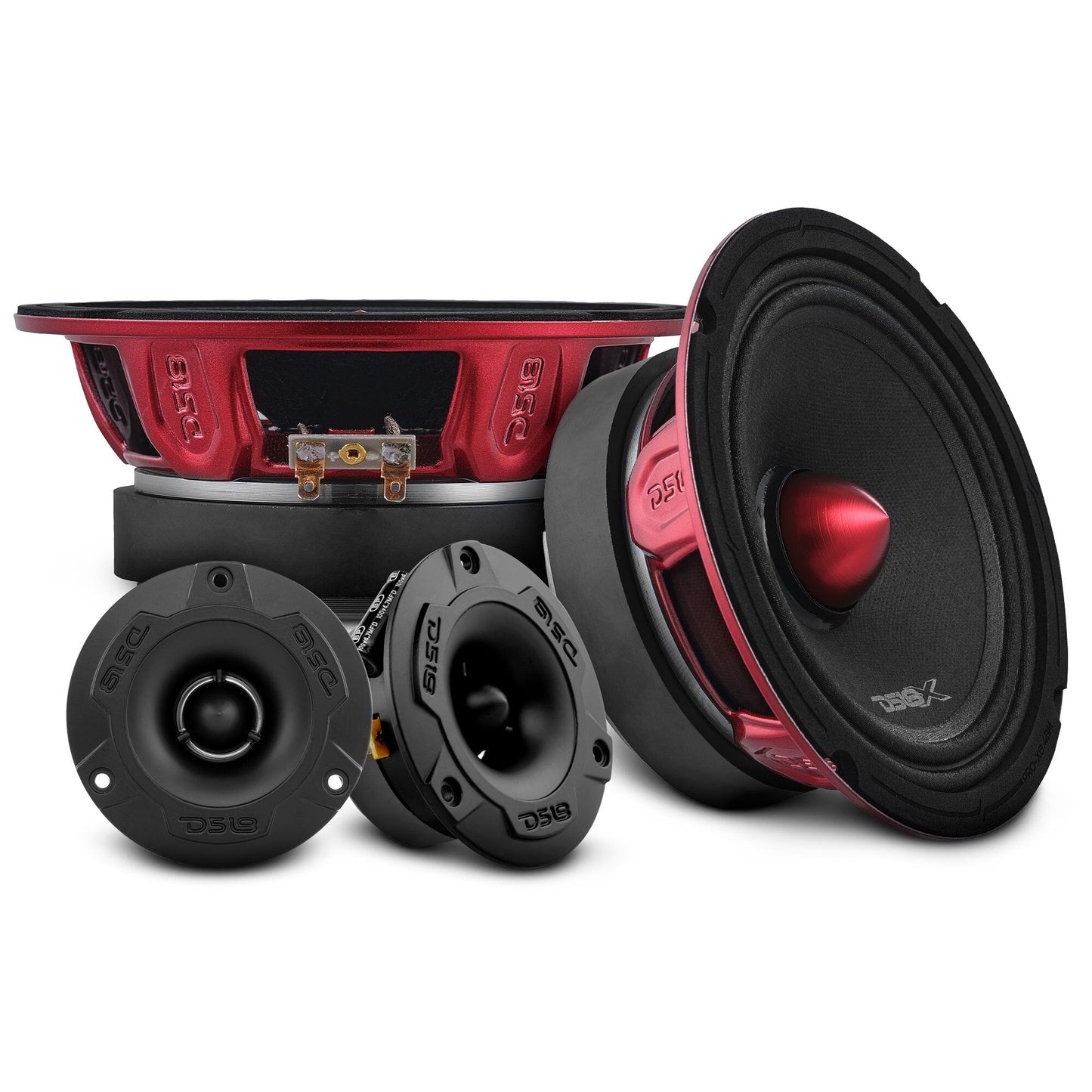 Pro Audio Speaker + Tweeter Bundle: 6.5" Midrange Speakers and 3.8" Bullet Tweeters with OEM Speaker Adapters, Amplifier, and Wiring Kit.