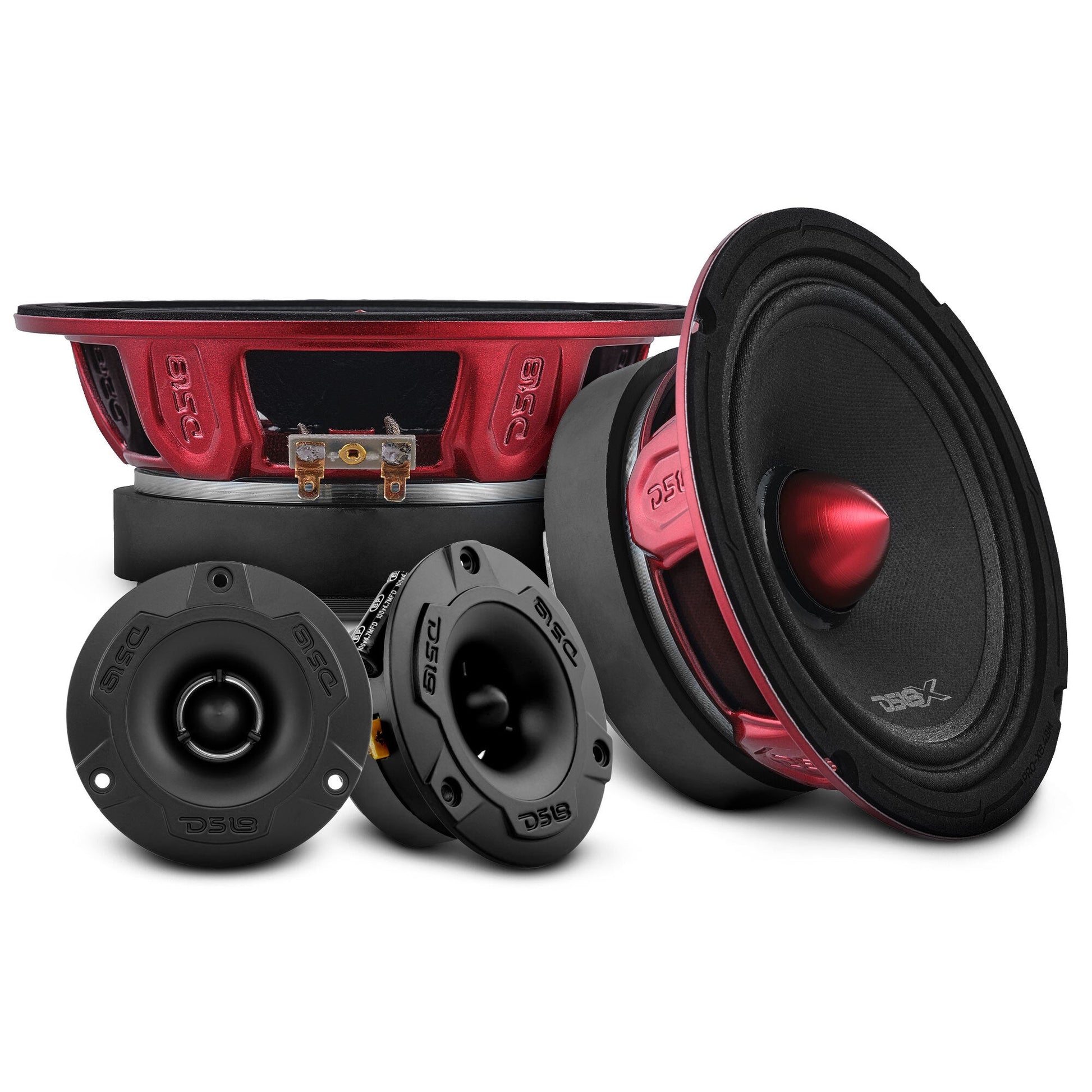 Pro Audio Speaker + Tweeter Bundle: 6.5" Midrange Speakers and 3.8" Bullet Tweeters with OEM Speaker Adapters, Amplifier, and Wiring Kit.