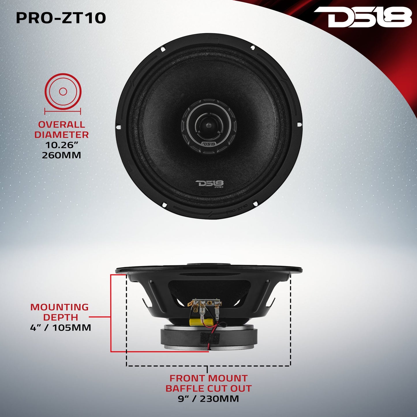PRO-ZT 10" Coaxial Mid-Range Loudspeaker with Water-Resistant Cone Built-in Bullet Tweeter | 300W RMS  4-Ohm.