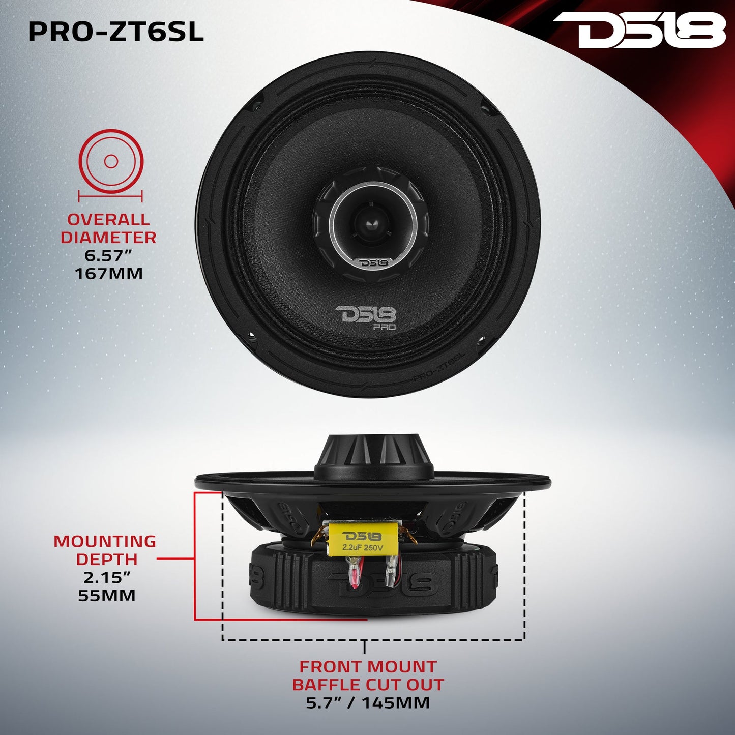 PRO-ZT 6.5” Slim Coaxial Mid-Range Loudspeaker with Water-Resistant Cone Built-in Bullet Tweeter | 200W RMS 4-Ohm.