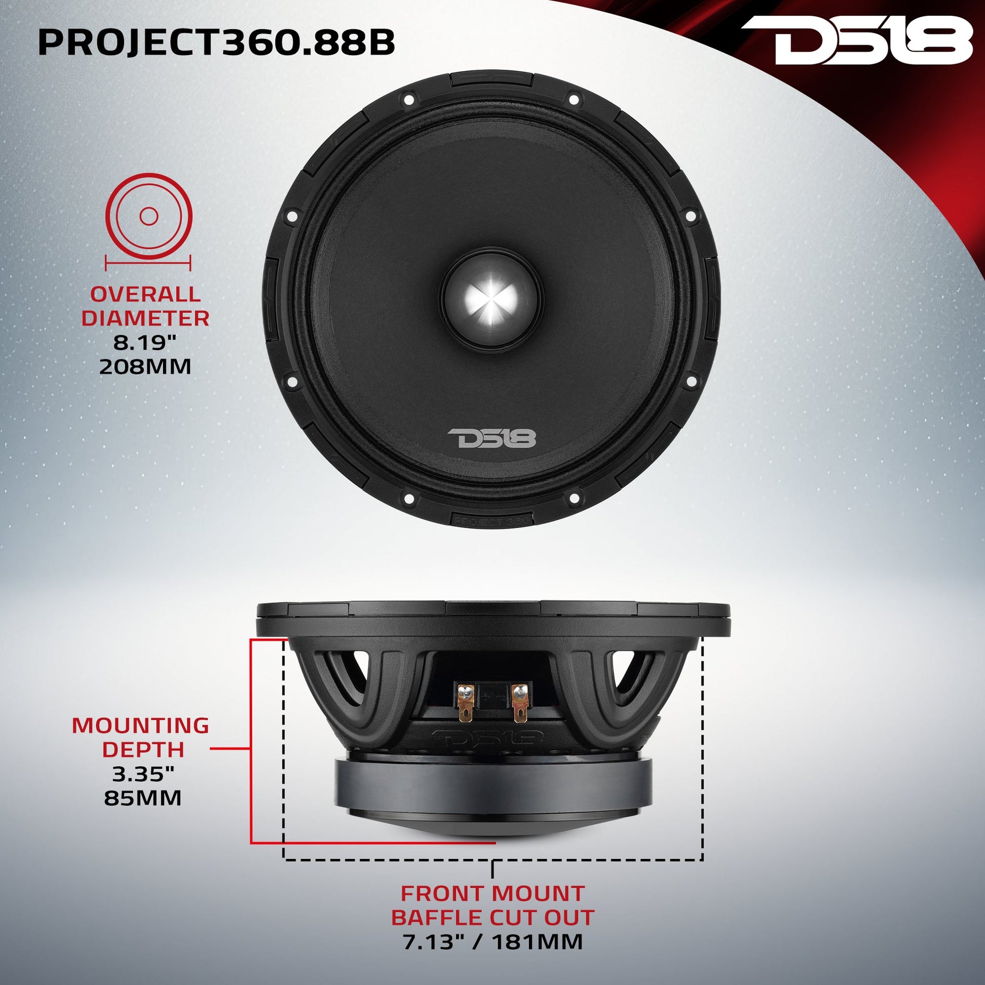 PROJECT360 8” High-Sensitivity Mid-High Loudspeaker with Bullet - 300W RMS 8-Ohm - Rotating Recone Design For Quick Repair.