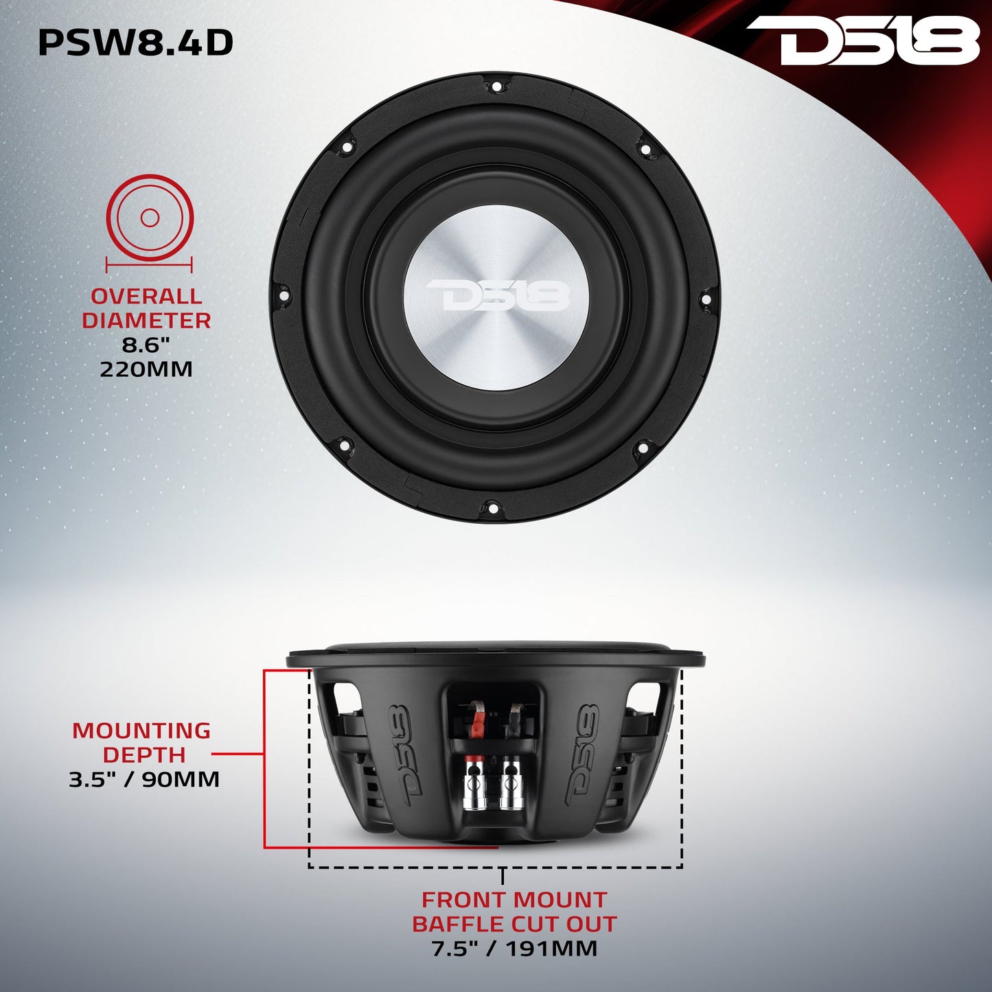 PS Shallow-Mount Water-Resistant 8" Subwoofer | 400W RMS DVC 4-Ohm.