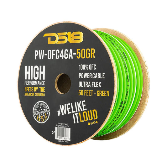 DS18 PW-OFC4GA-50YGR 4-GA Ultra Flex 100% OFC Ground, Power Cable, 50 Feet, Green.