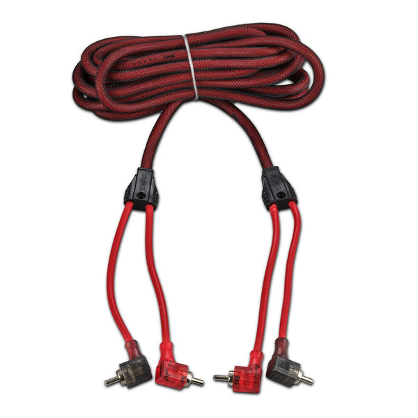 100% OFC Ultra Flex 2-Channel RCA with 90 Degree Ends, Dual Twist Wire, Red Braided Jacket - 16 ft.