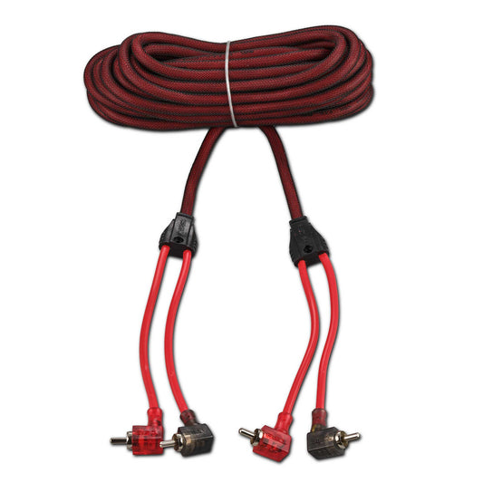 100% OFC Ultra Flex 2-Channel RCA with 90 Degree Ends, Dual Twist Wire, Red Braided Jacket - 20 ft.