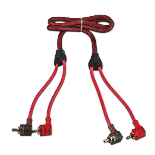 100% OFC Ultra Flex 2-Channel RCA with 90 Degree Ends, Dual Twist Wire, Red Braided Jacket - 3 ft.