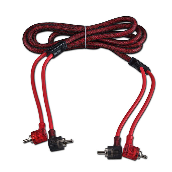 100% OFC Ultra Flex 2-Channel RCA with 90 Degree Ends, Dual Twist Wire, Red Braided Jacket - 6 ft.