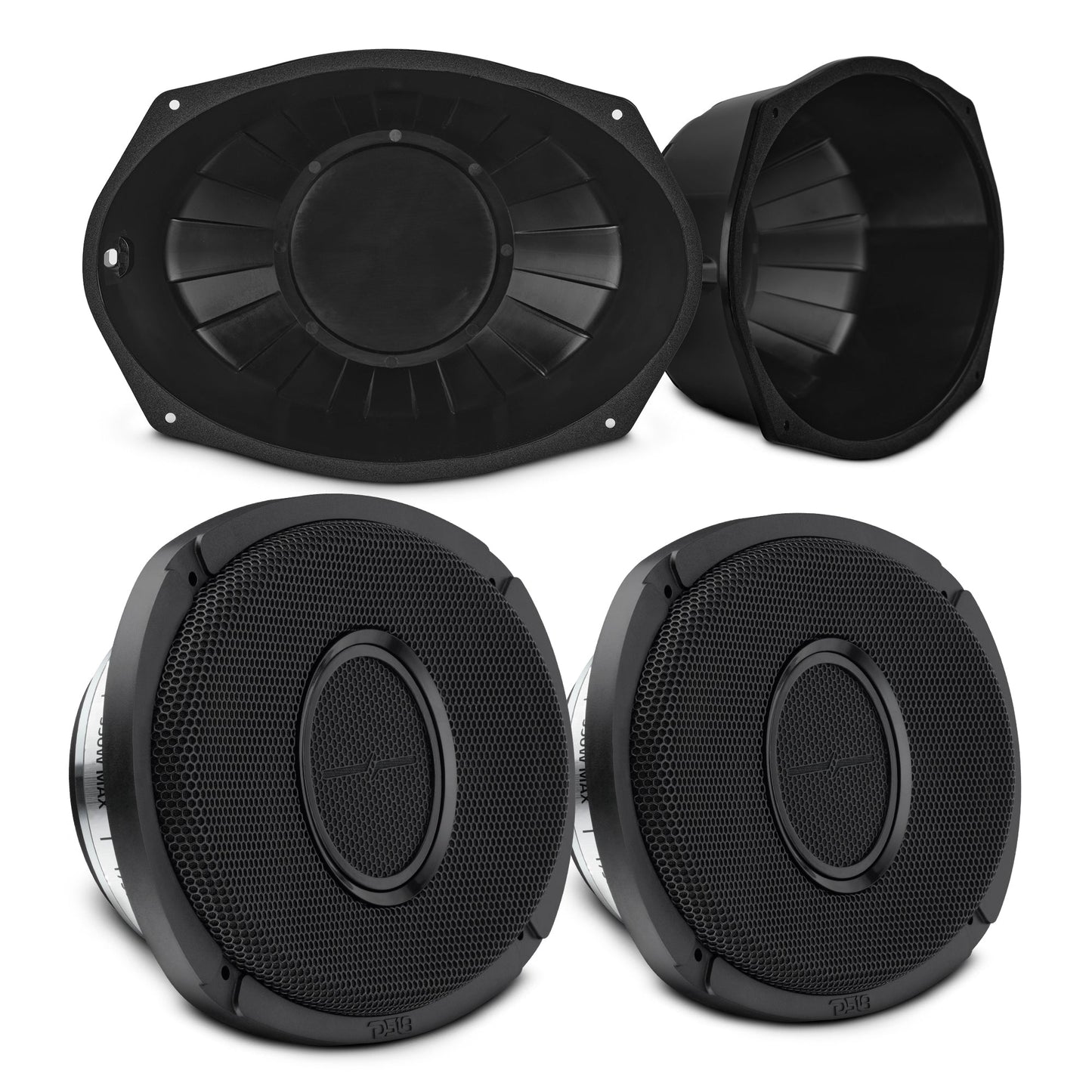 6x9” Hybrid Motorcycle Speaker Bundle – Slim 2-Way Loudspeakers + Sealed ABS Baffles (Pair) | IP65 Water-Resistant, High Output.