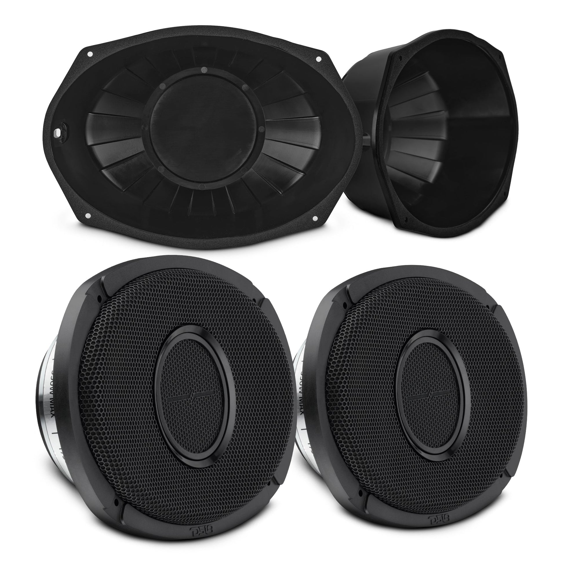 6x9” Hybrid Motorcycle Speaker Bundle – Slim 2-Way Loudspeakers + Sealed ABS Baffles (Pair) | IP65 Water-Resistant, High Output.