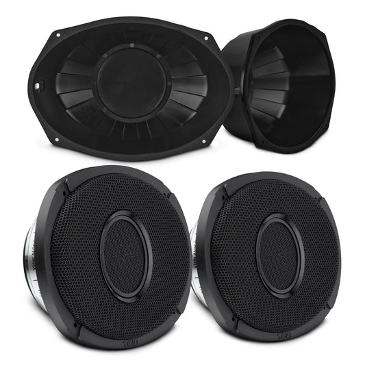 6x9” Hybrid Motorcycle Speaker Bundle – Slim 2-Way Loudspeakers + Sealed ABS Baffles (Pair) | IP65 Water-Resistant, High Output.