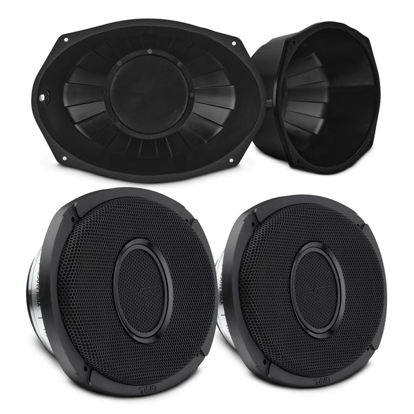 6x9” Hybrid Motorcycle Speaker Bundle – Slim 2-Way Loudspeakers + Sealed ABS Baffles (Pair) | IP65 Water-Resistant, High Output.