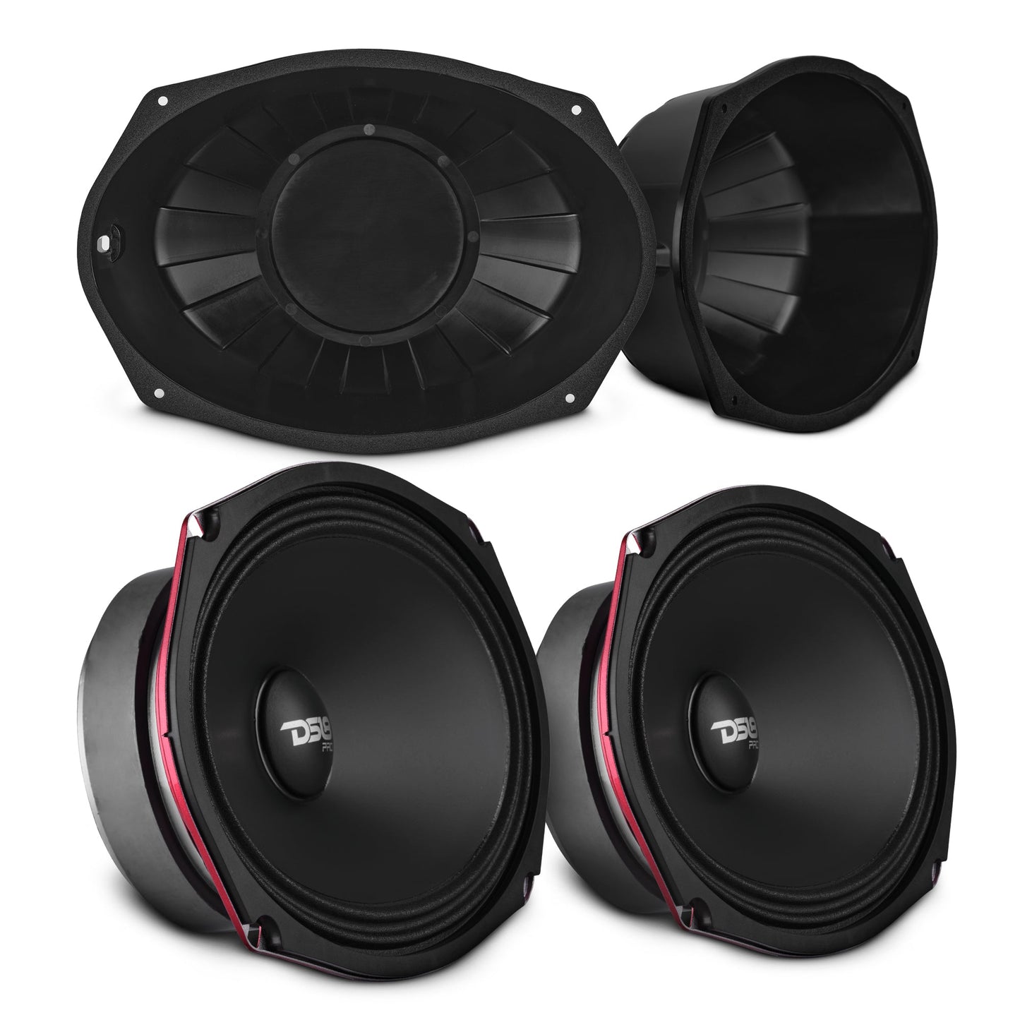 6x9” Motorcycle Audio Bundle – Shallow Water-Resistant Midrange Loudspeakers + Sealed ABS Baffles (Pair) | High Output, Easy Install.