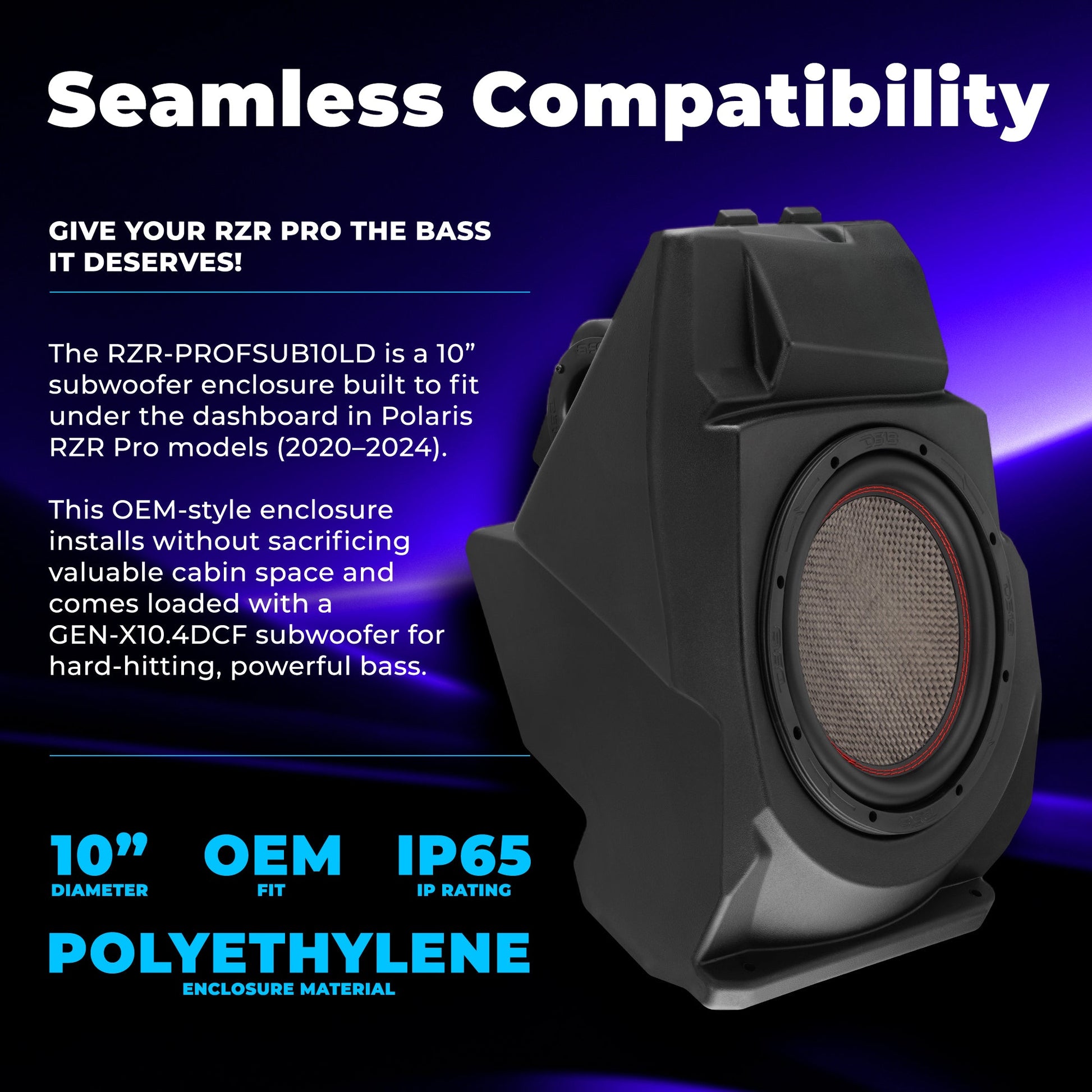 Polaris RZR Pro (2020–2024) Under-Dash 10” Subwoofer Enclosure – Loaded GEN-X10.4DCF | 600W RMS, Dual 4 Ohm | IP65 Water-Resistant.
