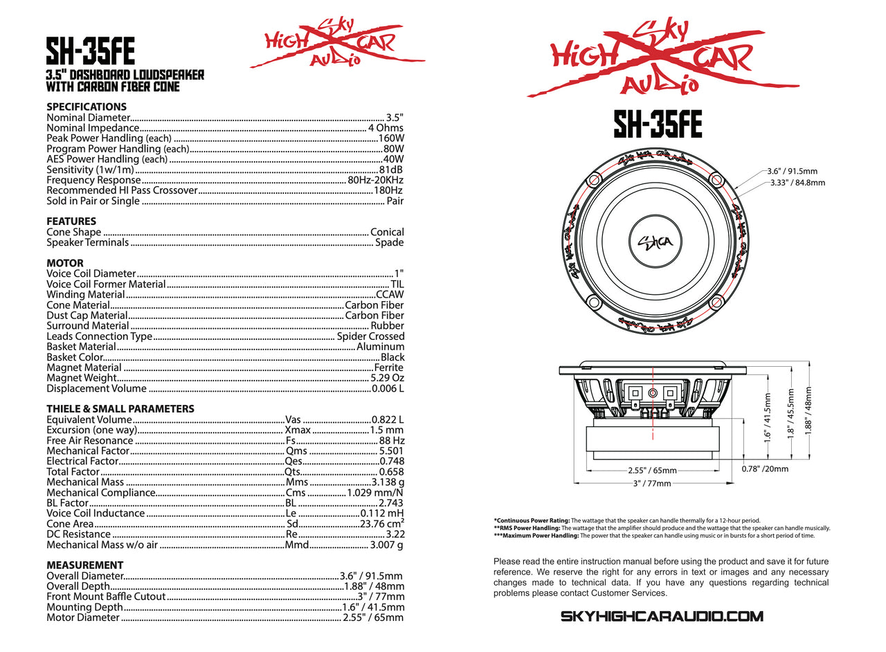 Sky High Car Audio SH-35FE 3.5" Loudspeaker with Carbon Fiber Cone (Pair) - Audio Sellerz