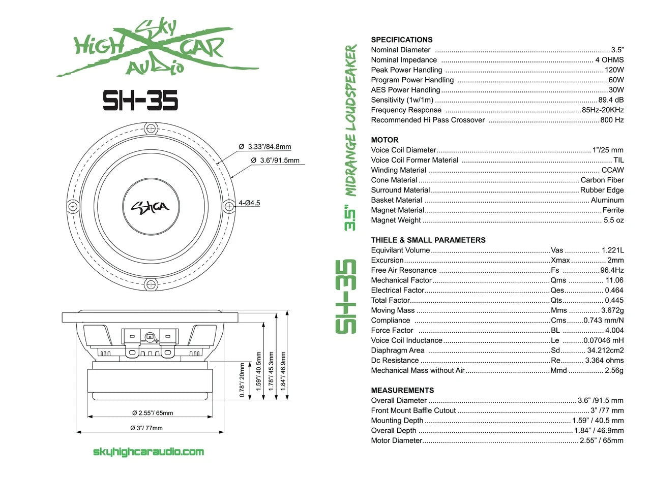 Sky High Car Audio SHCA 3.5" Midrange Speaker – 1" Voice Coil 4 Ohm (Pair) - Audio Sellerz