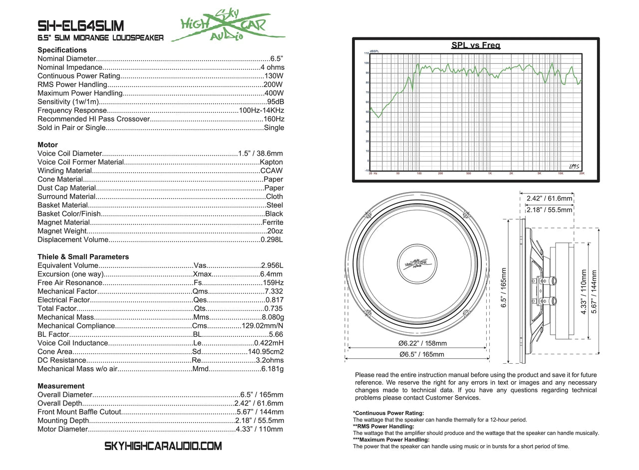 Sky High Car Audio SH-EL64SLIM 6.5" Slim Midrange Loudspeaker – 200W RMS 4 Ohm Single Speaker - Audio Sellerz
