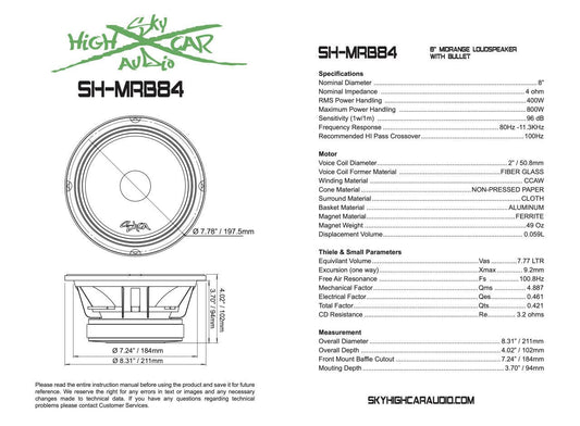 SHCA - MRB84 8" Midrange Speaker w/ Bullet 4 ohm (Single Speaker).