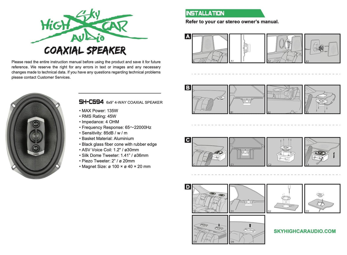 SHCA - C694 6x9" 4-way Coaxial Speaker (Pair) - Sold by Audio Sellerz