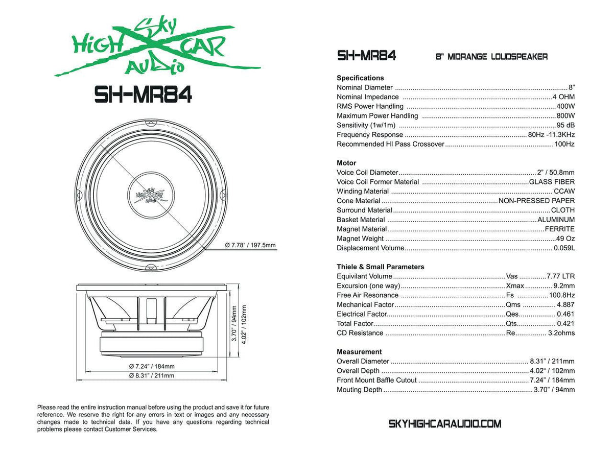 SHCA - MR84 8" Midrange Speaker 4 ohm (Single Speaker) - Sold by Audio Sellerz