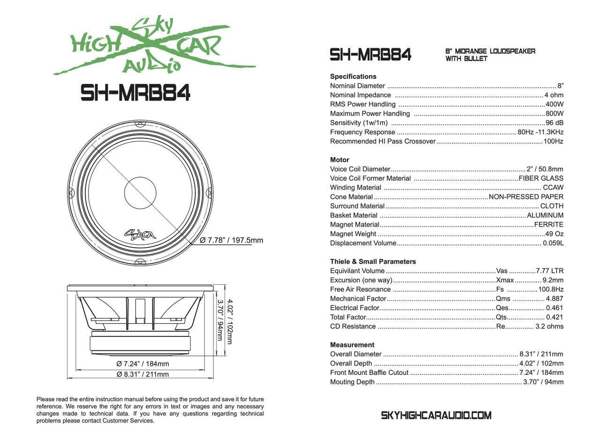 SHCA - MRB84 8" Midrange Speaker w/ Bullet 4 ohm (Single Speaker) - Sold by Audio Sellerz