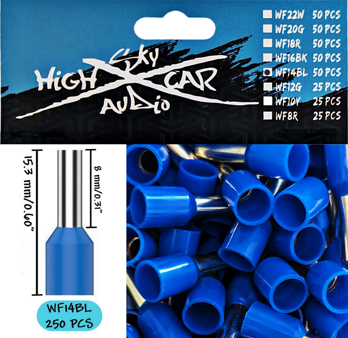 Sky High Car Audio Insulated Aluminum Wire Ferrules 8 Gauge-22 Gauge 1200 Assorted Sizes Set - Sold by Audio Sellerz