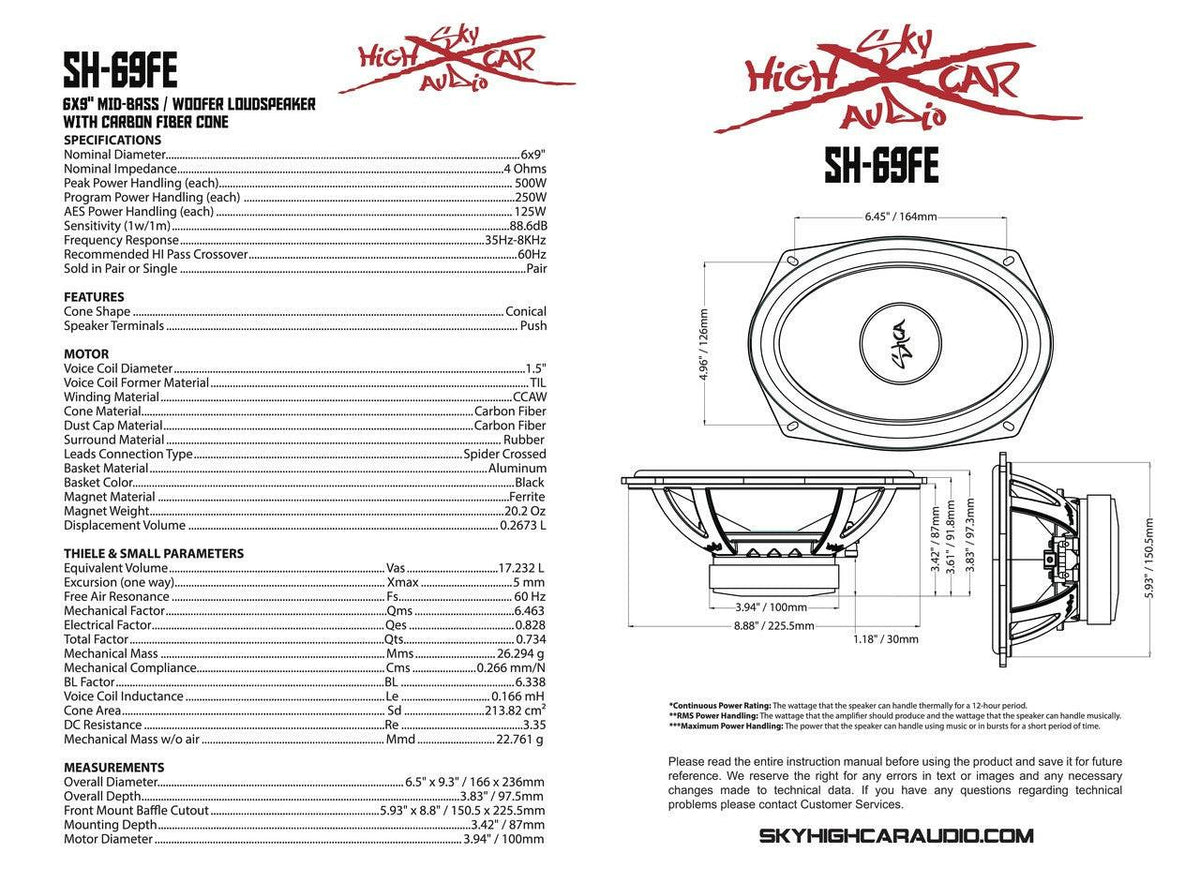 Sky High Car Audio SH-69FE 6x9" Mid Woofer Pair w/ Carbon Fiber Cone - Sold by Audio Sellerz