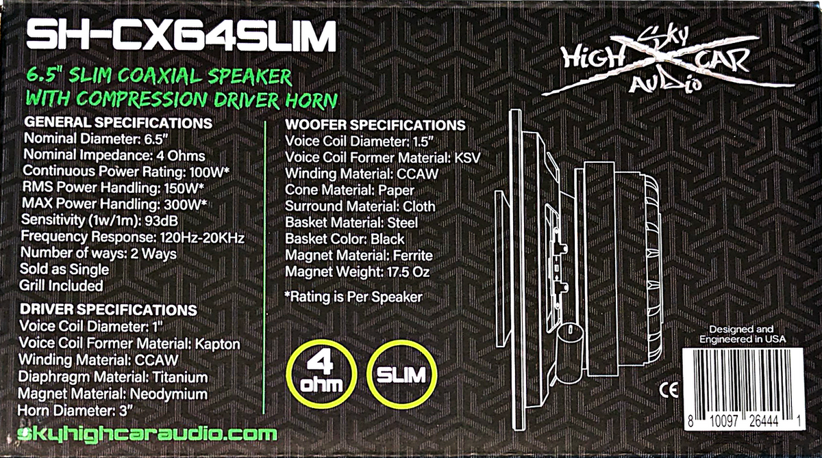 Sky High Car Audio SH-CX64SLIM 6.5” Slim Coaxial Speaker with Compression Driver Horn – Single - Sold by Audio Sellerz