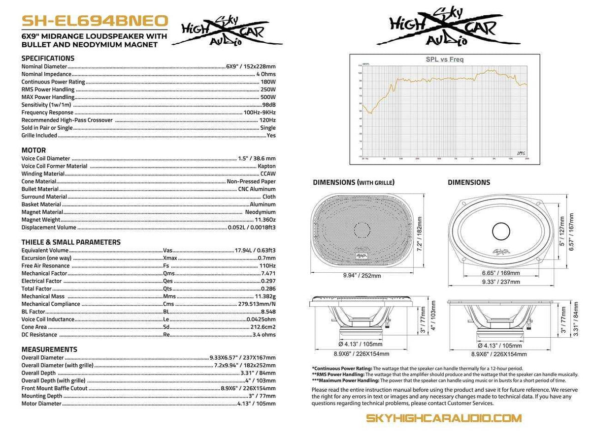 Sky High Car Audio SH-EL694BNEO 6x9” Neodymium Bullet Midrange Loudspeaker (Single) - Sold by Audio Sellerz