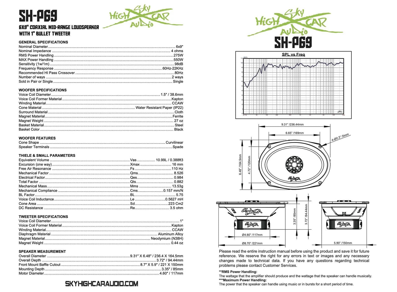 Sky High Car Audio SH-P69 6x9” COAXIAL MID-RANGE LOUDSPEAKER WITH 1" BULLET TWEETER - Audio Sellerz