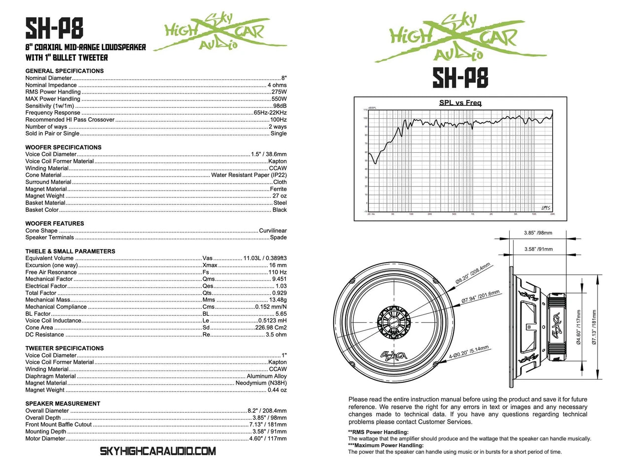 Sky High Car Audio SH-P8 8” COAXIAL MID-RANGE LOUDSPEAKER WITH 1" BULLET TWEETER - Audio Sellerz