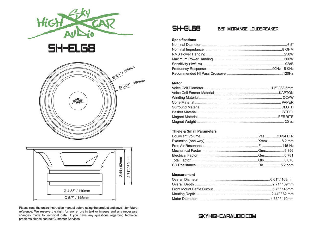 Sky High Car Audio SHCA Pro Audio EL68 6.5” Midrange Midbass Loudspeaker – 250W 8 Ohm (Single) - Sold by Audio Sellerz