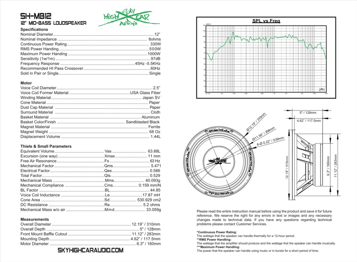 Sky High Car Audio SHCA Pro Audio MB12 – 12" Midbass Loudspeaker 1000 Watts 8 Ohm (Single) - Sold by Audio Sellerz