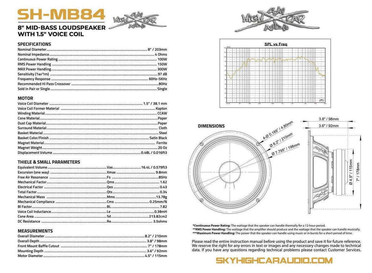 Sky High Car Audio SHCA Pro Audio MB84 – 8” Mid-Bass Loudspeaker w/ 1.5” Voice Coil (Single) - Sold by Audio Sellerz